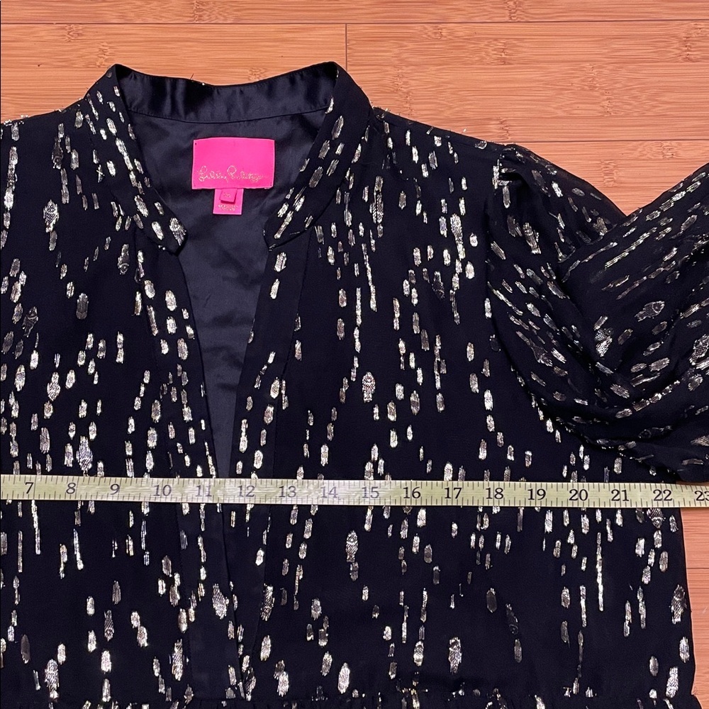Lilly Pulitzer Winona Silk Dress Size XL Swing Onyx Fish Clip Gold Chiffon Black - Picture 16 of 17